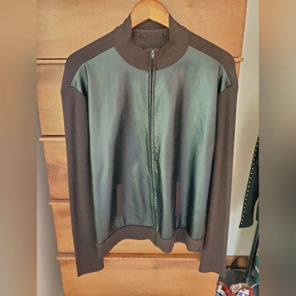 Brown zip sweater with black leather trim